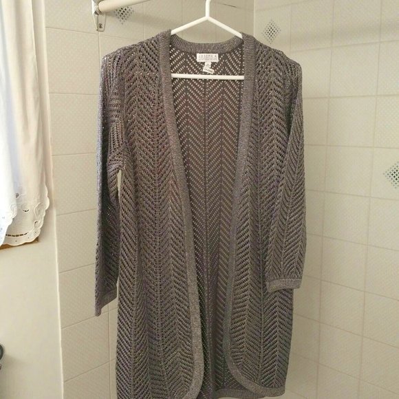 Joseph Abboud Silver Metallic Crochet Duster Cardigan, Medium, NWOT - Picture 1 of 12